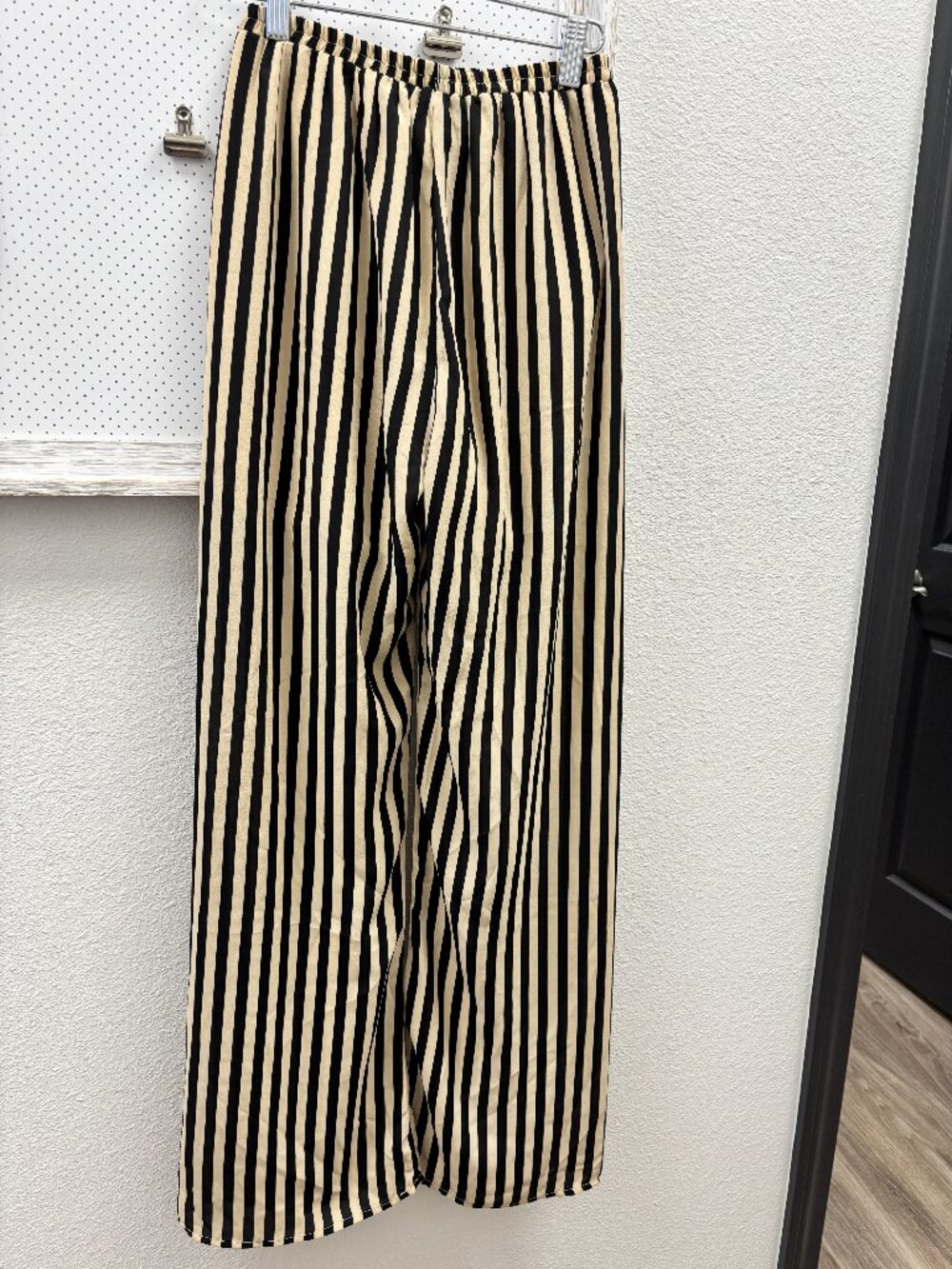 Miqu Muse Wide Leg Pants Small Black Cream Striped Elastic Waist Pull On